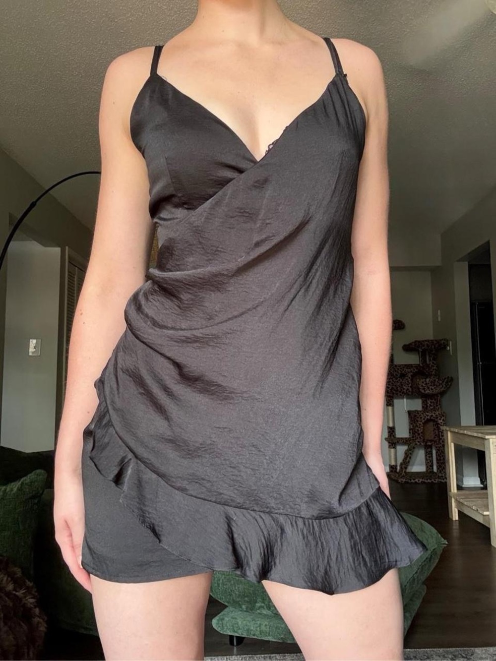 Satin Black Mini Slip Dress with Ruffle Hem